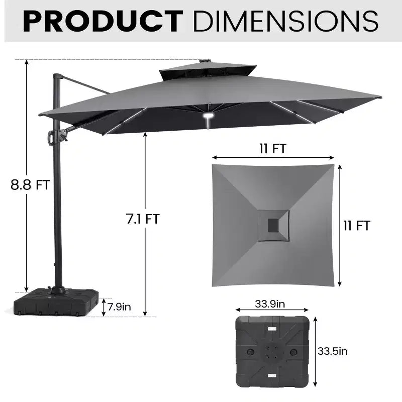 Crestlive Products Parasol cantilever de patio d'extérieur à dessus 2 niveaux 11 pi avec bandes lumineuses solaires, deporte, rotation 360, base à roue, max 350 lb