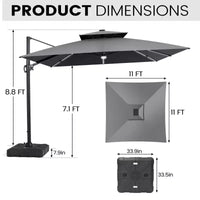 Crestlive Products Parasol cantilever de patio d'extérieur à dessus 2 niveaux 11 pi avec bandes lumineuses solaires, deporte, rotation 360, base à roue, max 350 lb