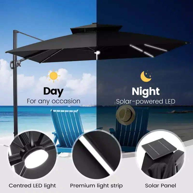 Crestlive Products Parasol cantilever de patio d'extérieur à dessus 2 niveaux 11 pi avec bandes lumineuses solaires, deporte, rotation 360, base à roue, max 350 lb