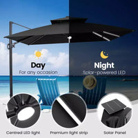 Crestlive Products Parasol cantilever de patio d'extérieur à dessus 2 niveaux 11 pi avec bandes lumineuses solaires, deporte, rotation 360, base à roue, max 350 lb