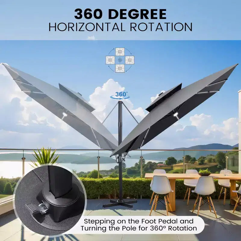 Crestlive Products Parasol cantilever de patio d'extérieur à dessus 2 niveaux 11 pi avec bandes lumineuses solaires, deporte, rotation 360, base à roue, max 350 lb