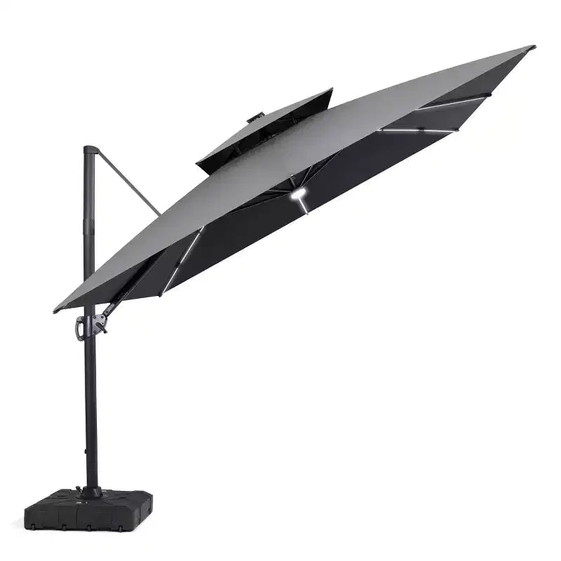 Crestlive Products Parasol cantilever de patio d'extérieur à dessus 2 niveaux 11 pi avec bandes lumineuses solaires, deporte, rotation 360, base à roue, max 350 lb