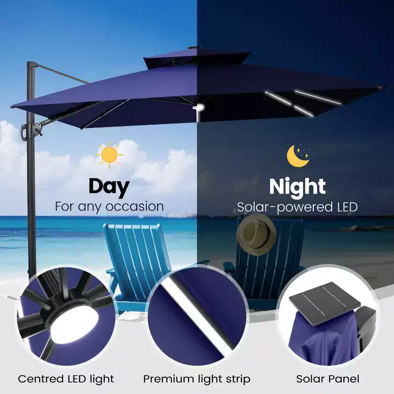 Crestlive Products Parasol cantilever de patio d'extérieur à dessus 2 niveaux 11 pi avec bandes lumineuses solaires, deporte, rotation 360, base à roue, max 350 lb