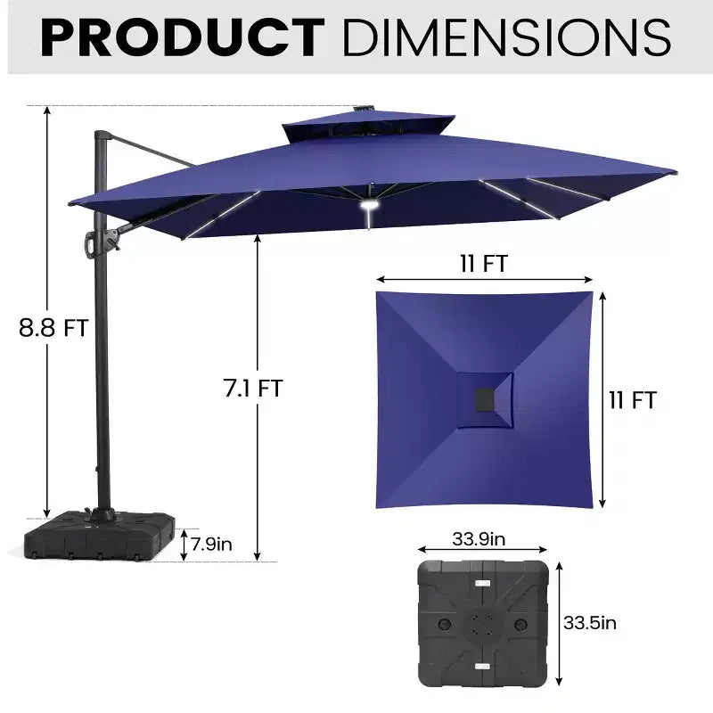 Crestlive Products Parasol cantilever de patio d'extérieur à dessus 2 niveaux 11 pi avec bandes lumineuses solaires, deporte, rotation 360, base à roue, max 350 lb