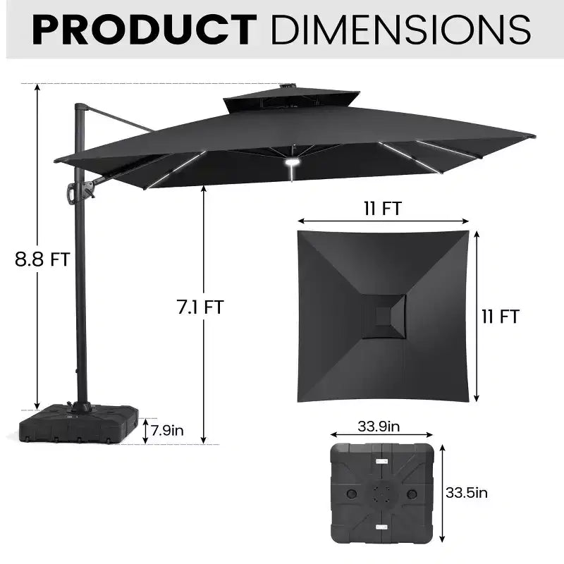 Crestlive Products Parasol cantilever de patio d'extérieur à dessus 2 niveaux 11 pi avec bandes lumineuses solaires, deporte, rotation 360, base à roue, max 350 lb
