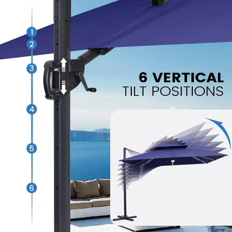 Crestlive Products Parasol cantilever de patio d'extérieur à dessus 2 niveaux 11 pi avec bandes lumineuses solaires, deporte, rotation 360, base à roue, max 350 lb