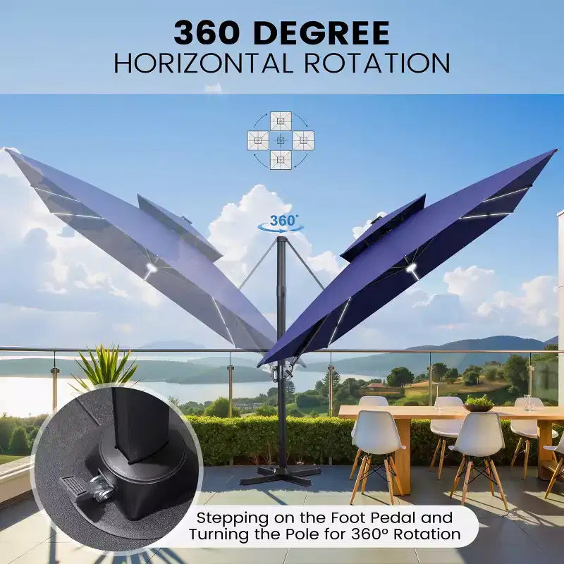 Crestlive Products Parasol cantilever de patio d'extérieur à dessus 2 niveaux 11 pi avec bandes lumineuses solaires, deporte, rotation 360, base à roue, max 350 lb