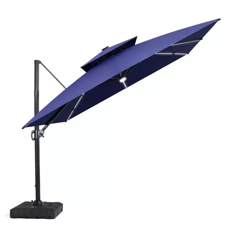 Crestlive Products Parasol cantilever de patio d'extérieur à dessus 2 niveaux 11 pi avec bandes lumineuses solaires, deporte, rotation 360, base à roue, max 350 lb