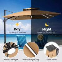 Crestlive Products Parasol cantilever de patio d'extérieur à dessus 2 niveaux 11 pi avec bandes lumineuses solaires, deporte, rotation 360, base à roue, max 350 lb