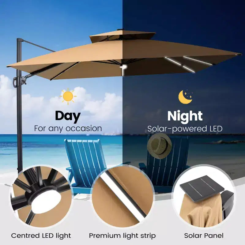 Crestlive Products Parasol cantilever de patio d'extérieur à dessus 2 niveaux 11 pi avec bandes lumineuses solaires, deporte, rotation 360, base à roue, max 350 lb