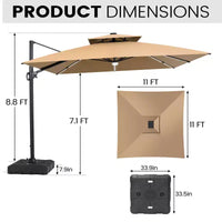 Crestlive Products Parasol cantilever de patio d'extérieur à dessus 2 niveaux 11 pi avec bandes lumineuses solaires, deporte, rotation 360, base à roue, max 350 lb