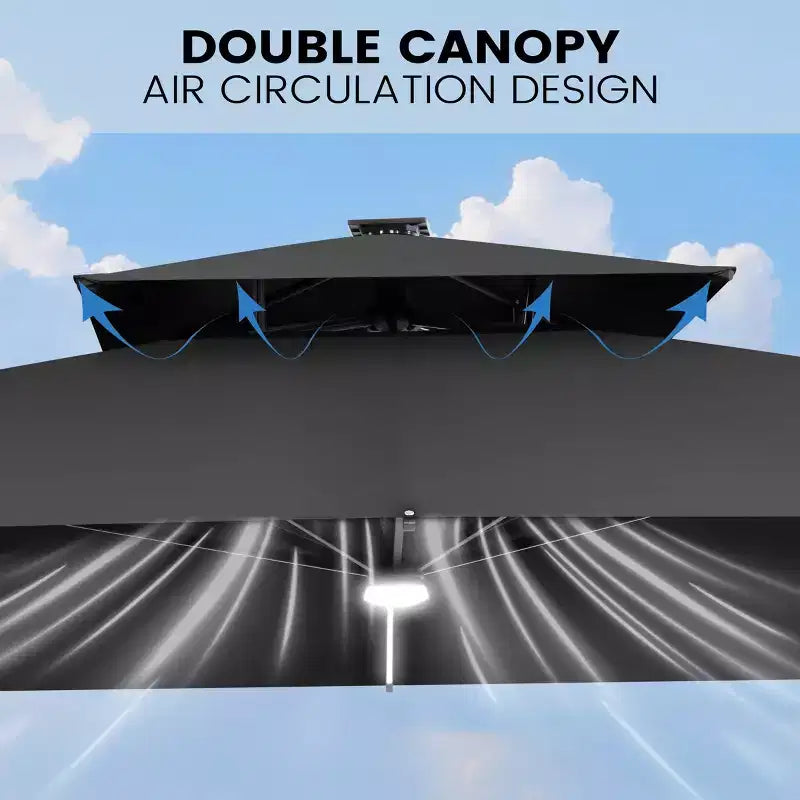Crestlive Products Parasol cantilever de patio d'extérieur à dessus 2 niveaux 11 pi avec bandes lumineuses solaires, deporte, rotation 360, base à roue, max 350 lb