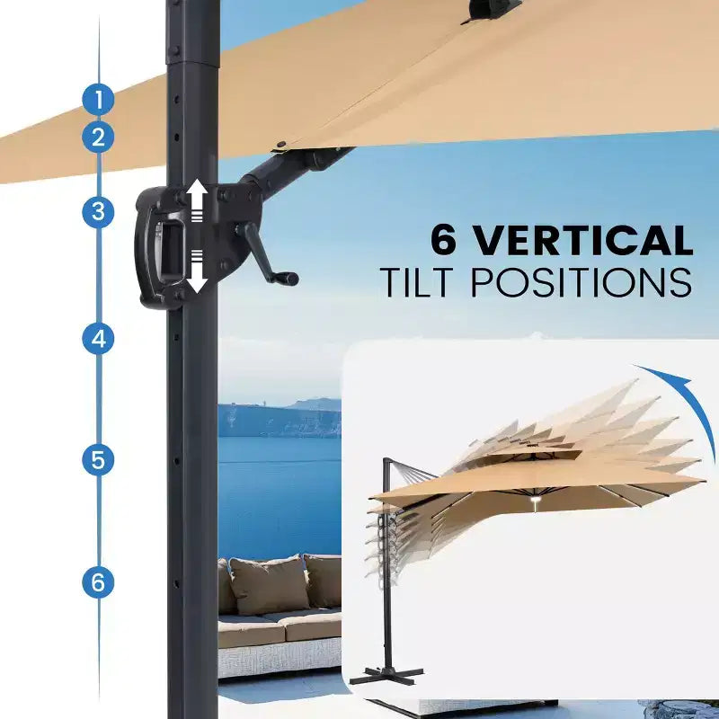 Crestlive Products Parasol cantilever de patio d'extérieur à dessus 2 niveaux 11 pi avec bandes lumineuses solaires, deporte, rotation 360, base à roue, max 350 lb