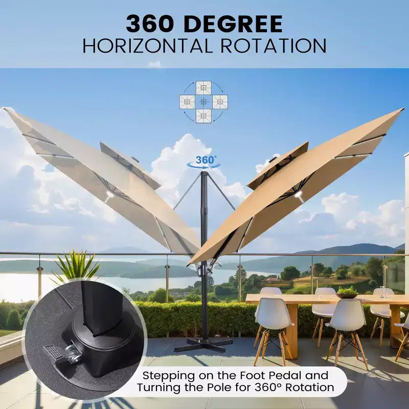 Crestlive Products Parasol cantilever de patio d'extérieur à dessus 2 niveaux 11 pi avec bandes lumineuses solaires, deporte, rotation 360, base à roue, max 350 lb