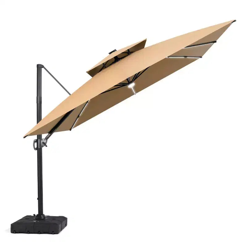 Crestlive Products Parasol cantilever de patio d'extérieur à dessus 2 niveaux 11 pi avec bandes lumineuses solaires, deporte, rotation 360, base à roue, max 350 lb