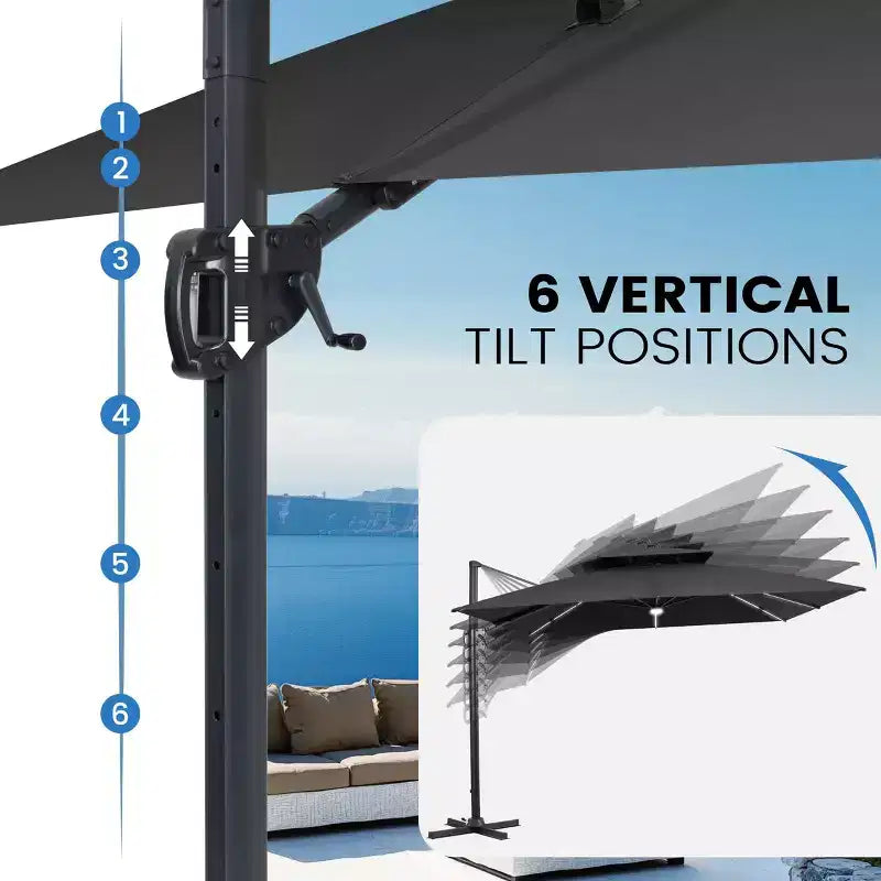 Crestlive Products Parasol cantilever de patio d'extérieur à dessus 2 niveaux 11 pi avec bandes lumineuses solaires, deporte, rotation 360, base à roue, max 350 lb