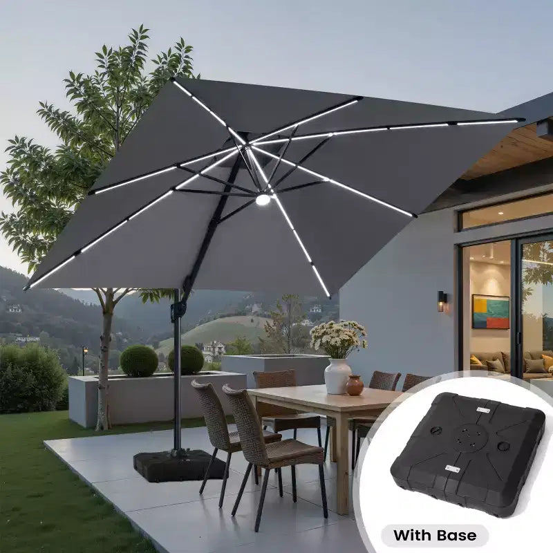 Crestlive Products Parasol cantilever de patio d'extérieur à dessus 2 niveaux 11 pi avec bandes lumineuses solaires, deporte, rotation 360, base à roue, max 350 lb