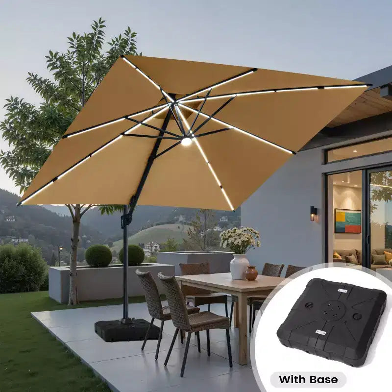 Crestlive Products Parasol cantilever de patio d'extérieur à dessus 2 niveaux 11 pi avec bandes lumineuses solaires, deporte, rotation 360, base à roue, max 350 lb