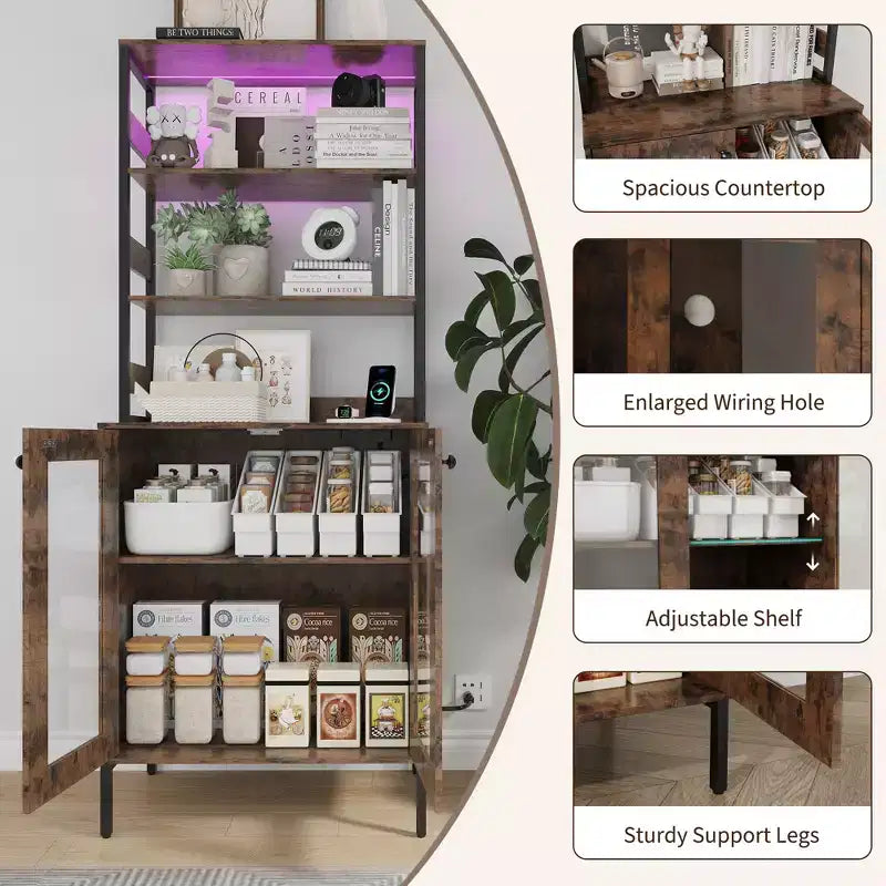 Meuble bar à café haut 67 avec éclairage LED RGB synchronisé à la musique et prise de courant - étagère de boulanger de cuisine avec portes vitrées et étagères réglables