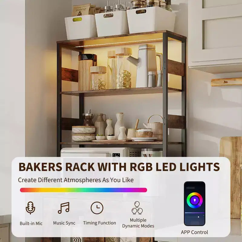 Meuble bar à café haut 67 avec éclairage LED RGB synchronisé à la musique et prise de courant - étagère de boulanger de cuisine avec portes vitrées et étagères réglables