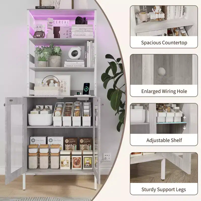 Meuble bar à café haut 67 avec éclairage LED RGB synchronisé à la musique et prise de courant - étagère de boulanger de cuisine avec portes vitrées et étagères réglables
