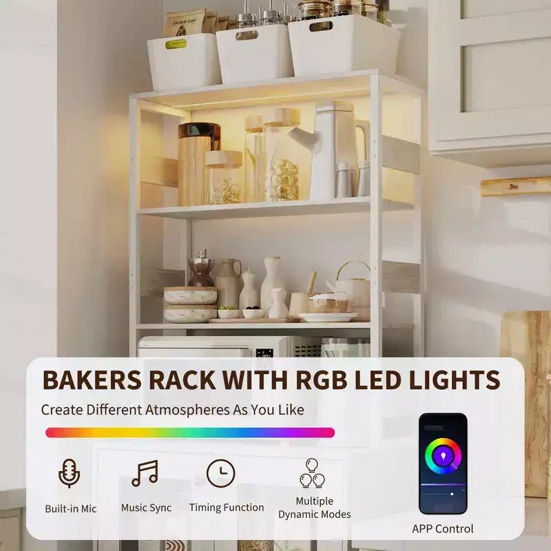 Meuble bar à café haut 67 avec éclairage LED RGB synchronisé à la musique et prise de courant - étagère de boulanger de cuisine avec portes vitrées et étagères réglables