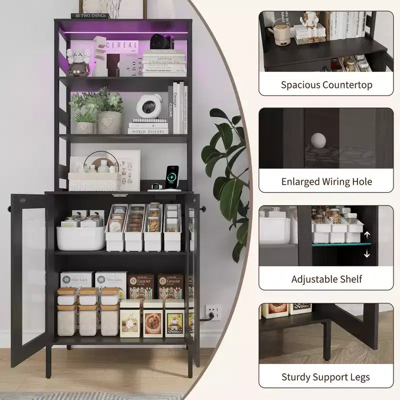 Meuble bar à café haut 67 avec éclairage LED RGB synchronisé à la musique et prise de courant - étagère de boulanger de cuisine avec portes vitrées et étagères réglables