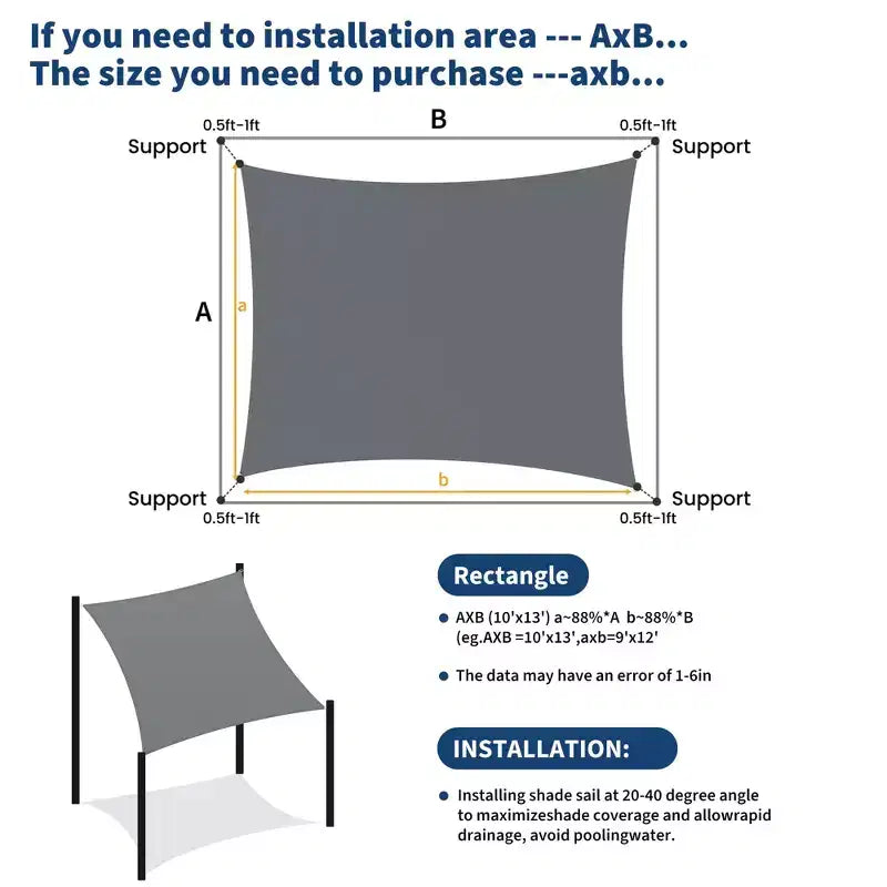 Voile d'ombrage rectangulaire 10x13 pi, toile d'ombrage anti-UV, auvent d'extérieur pour patio, jardin, terrasse, cour et installations