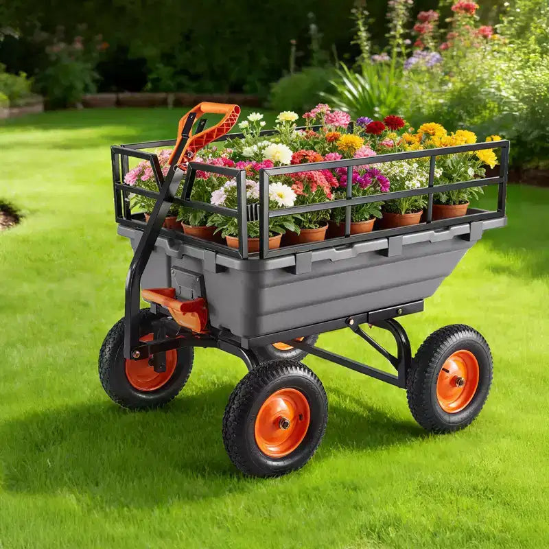 VVEVOR Chariot benne de jardin, chariot benne en poly 1500 lbs, 15 pi³, chariot de jardin à benne basculante avec poignée convertible 2-en-1, Noir et Gris