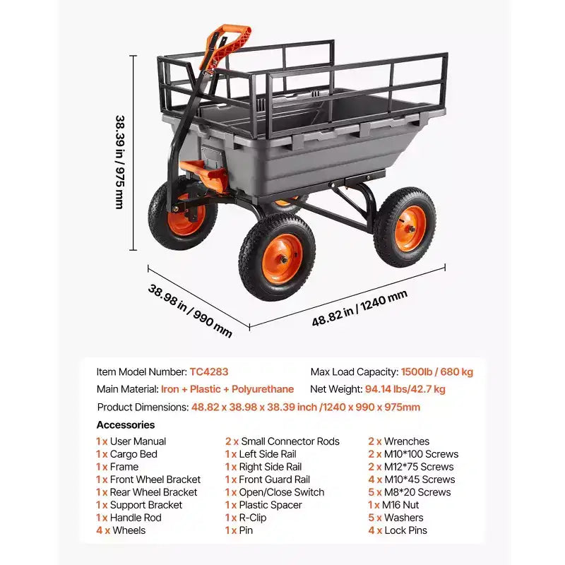 VVEVOR Chariot benne de jardin, chariot benne en poly 1500 lbs, 15 pi³, chariot de jardin à benne basculante avec poignée convertible 2-en-1, Noir et Gris
