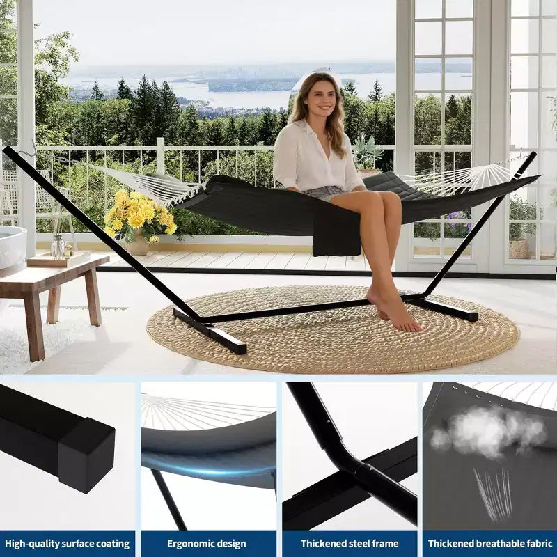 Hamac double 2 personnes avec support et oreiller - capacité 450 lbs, hamac très résistant avec corde d'équilibre, grand hamac d'extérieur pour arrière-cour et bord de piscine