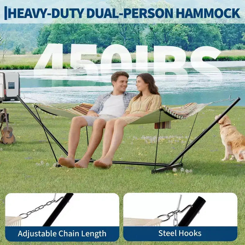 Hamac double 2 personnes avec support et oreiller - capacité 450 lbs, hamac très résistant avec corde d'équilibre, grand hamac d'extérieur pour arrière-cour et bord de piscine
