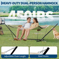 Hamac double 2 personnes avec support et oreiller - capacité 450 lbs, hamac très résistant avec corde d'équilibre, grand hamac d'extérieur pour arrière-cour et bord de piscine