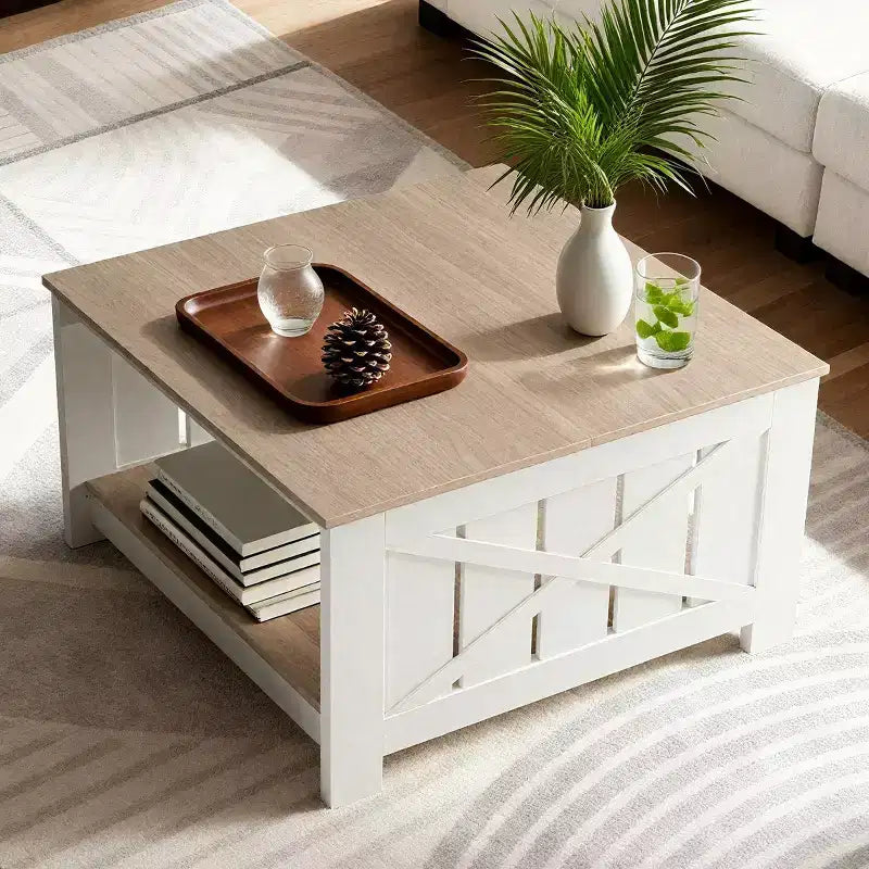 Table basse carrée de style champêtre JIONJOY avec rangement semi-ouvert, table basse rustique pour petits espaces de salon