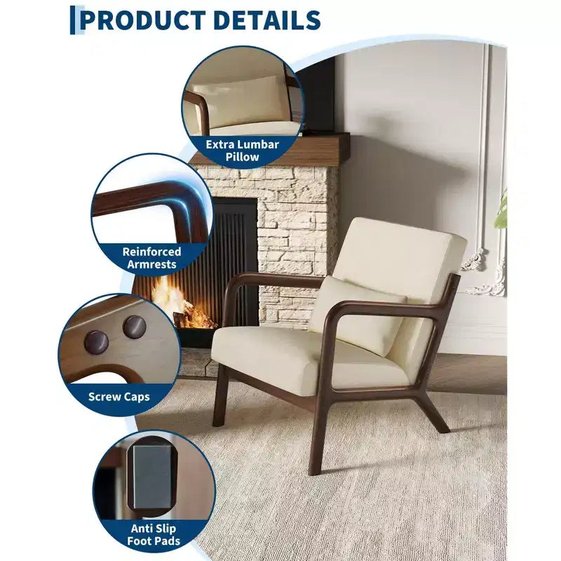 Fauteuil d'appoint mid-century en chenille, fauteuil de lecture confortable, fauteuil lounge moderne avec coussin lombaire, cadre en bois massif, pour salon, chambre, bureau