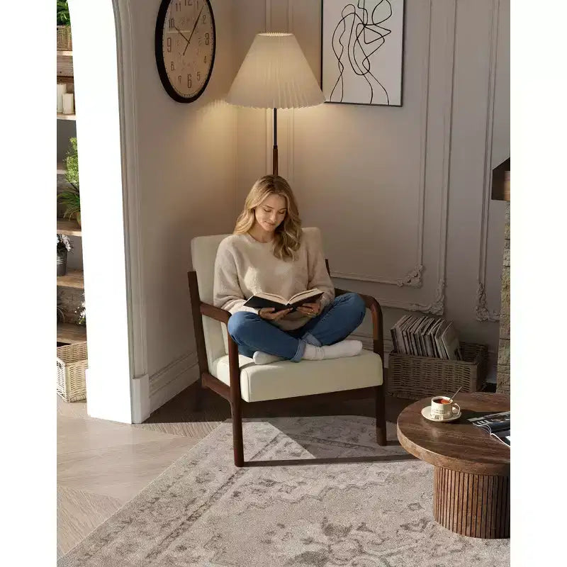Fauteuil d'appoint mid-century en chenille, fauteuil de lecture confortable, fauteuil lounge moderne avec coussin lombaire, cadre en bois massif, pour salon, chambre, bureau