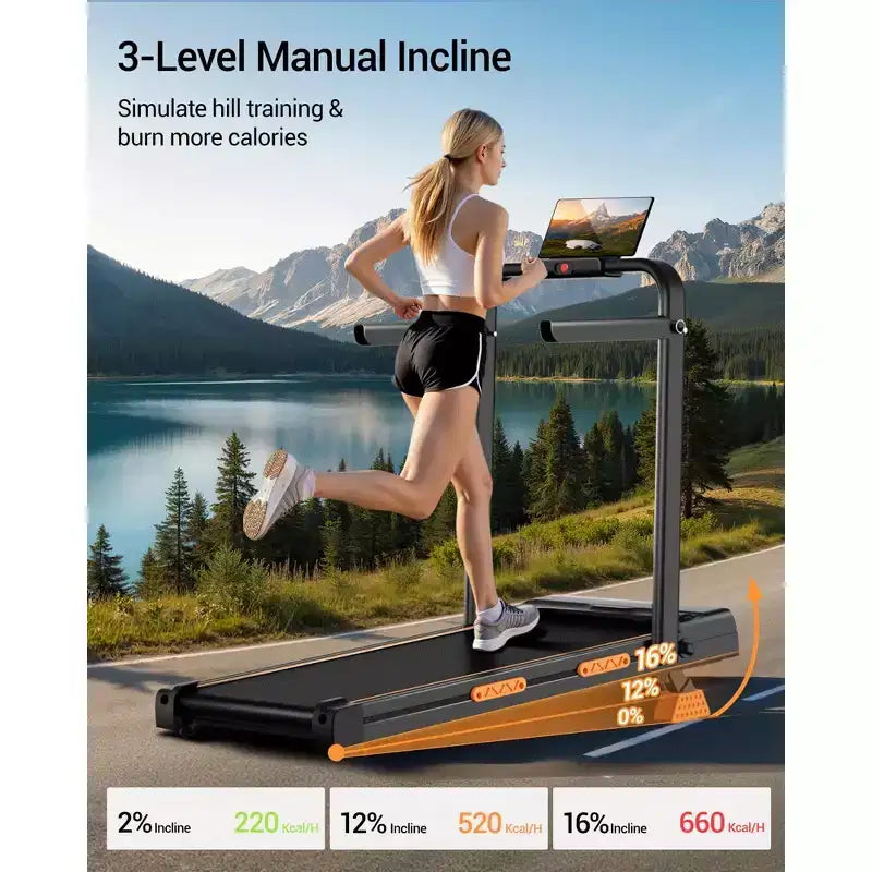 Tapis de marche tapis de course 3-en-1 avec inclinaison 16%, tapis de course pliant avec barre poignée, tapis de course portable pour petit espace à la maison, capacité 220 Lbs