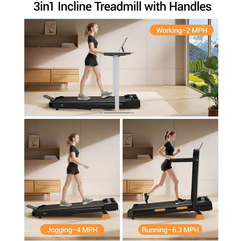 Tapis de marche tapis de course 3-en-1 avec inclinaison 16%, tapis de course pliant avec barre poignée, tapis de course portable pour petit espace à la maison, capacité 220 Lbs