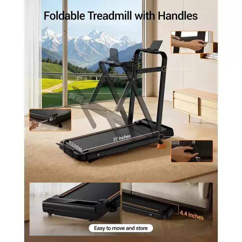 Tapis de marche tapis de course 3-en-1 avec inclinaison 16%, tapis de course pliant avec barre poignée, tapis de course portable pour petit espace à la maison, capacité 220 Lbs
