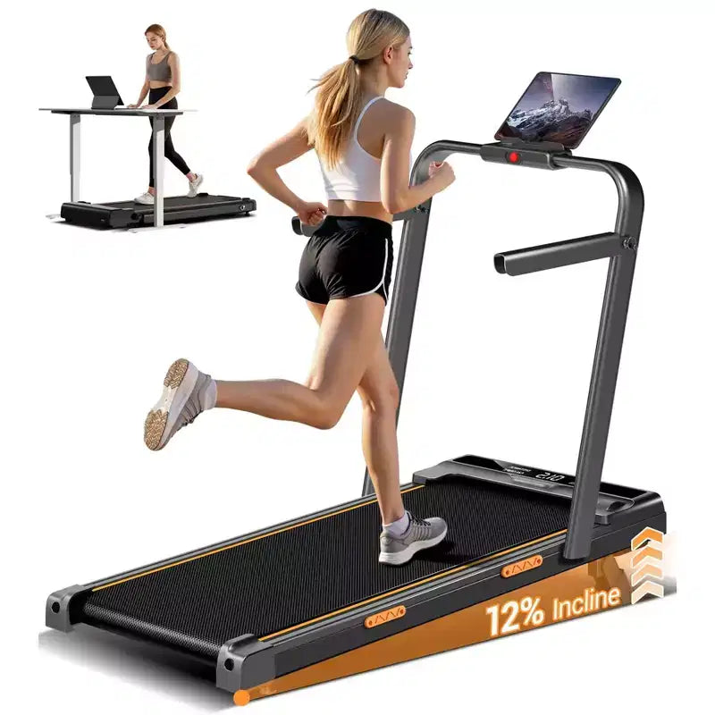 Tapis de marche tapis de course 3-en-1 avec inclinaison 16%, tapis de course pliant avec barre poignée, tapis de course portable pour petit espace à la maison, capacité 220 Lbs