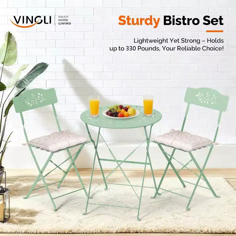 Ensemble de bistro pliant d'extérieur VINGLI avec 2 chaises, ensemble de bistro 3 pièces avec motif de feuilles d'olivier découpées et coussins confortables