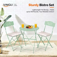 Ensemble de bistro pliant d'extérieur VINGLI avec 2 chaises, ensemble de bistro 3 pièces avec motif de feuilles d'olivier découpées et coussins confortables