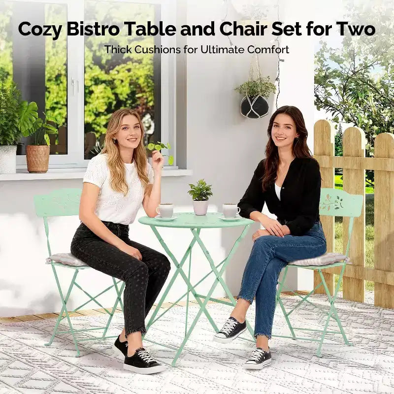 Ensemble de bistro pliant d'extérieur VINGLI avec 2 chaises, ensemble de bistro 3 pièces avec motif de feuilles d'olivier découpées et coussins confortables