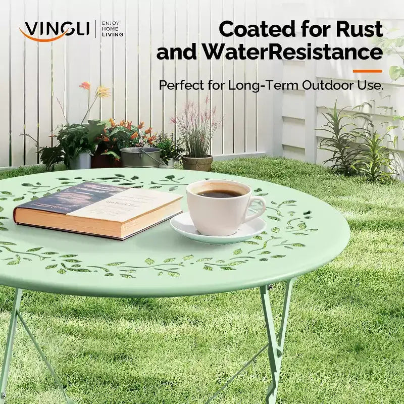 Ensemble de bistro pliant d'extérieur VINGLI avec 2 chaises, ensemble de bistro 3 pièces avec motif de feuilles d'olivier découpées et coussins confortables