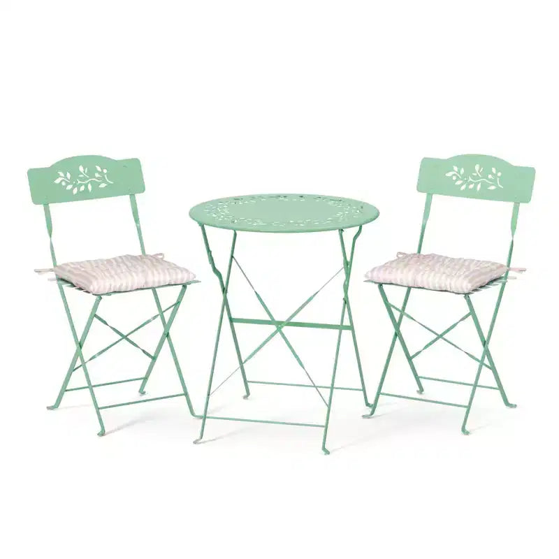 Ensemble de bistro pliant d'extérieur VINGLI avec 2 chaises, ensemble de bistro 3 pièces avec motif de feuilles d'olivier découpées et coussins confortables