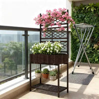 Jardinière autoportante en rotin,pot de fleurs d'extérieur en osier avec treillis pour plantes grimpantes,avec étagère de rangement