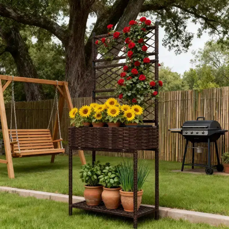 Jardinière autoportante en rotin,pot de fleurs d'extérieur en osier avec treillis pour plantes grimpantes,avec étagère de rangement