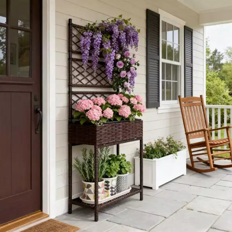 Jardinière autoportante en rotin,pot de fleurs d'extérieur en osier avec treillis pour plantes grimpantes,avec étagère de rangement