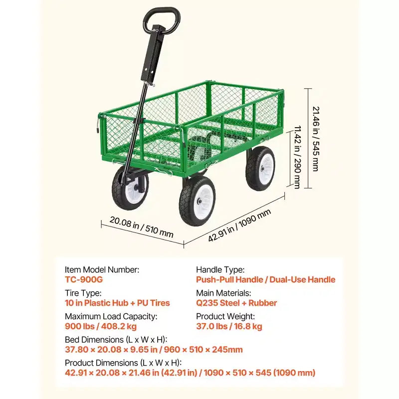 Chariot de jardin VEVOR, 408 kg, brouette de jardin robuste en acier avec pneus de 10 pouces, tabouret de jardin extérieur avec poignée réglable, vert