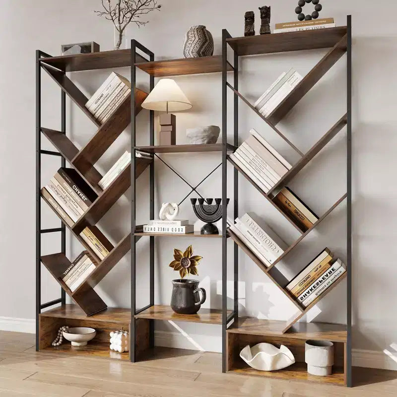 Bibliothèque triple à 6 niveaux, grande bibliothèque industrielle avec 24 étagères ouvertes, bibliothèque arbre industrielle, haute bibliothèque sur pied en bois
